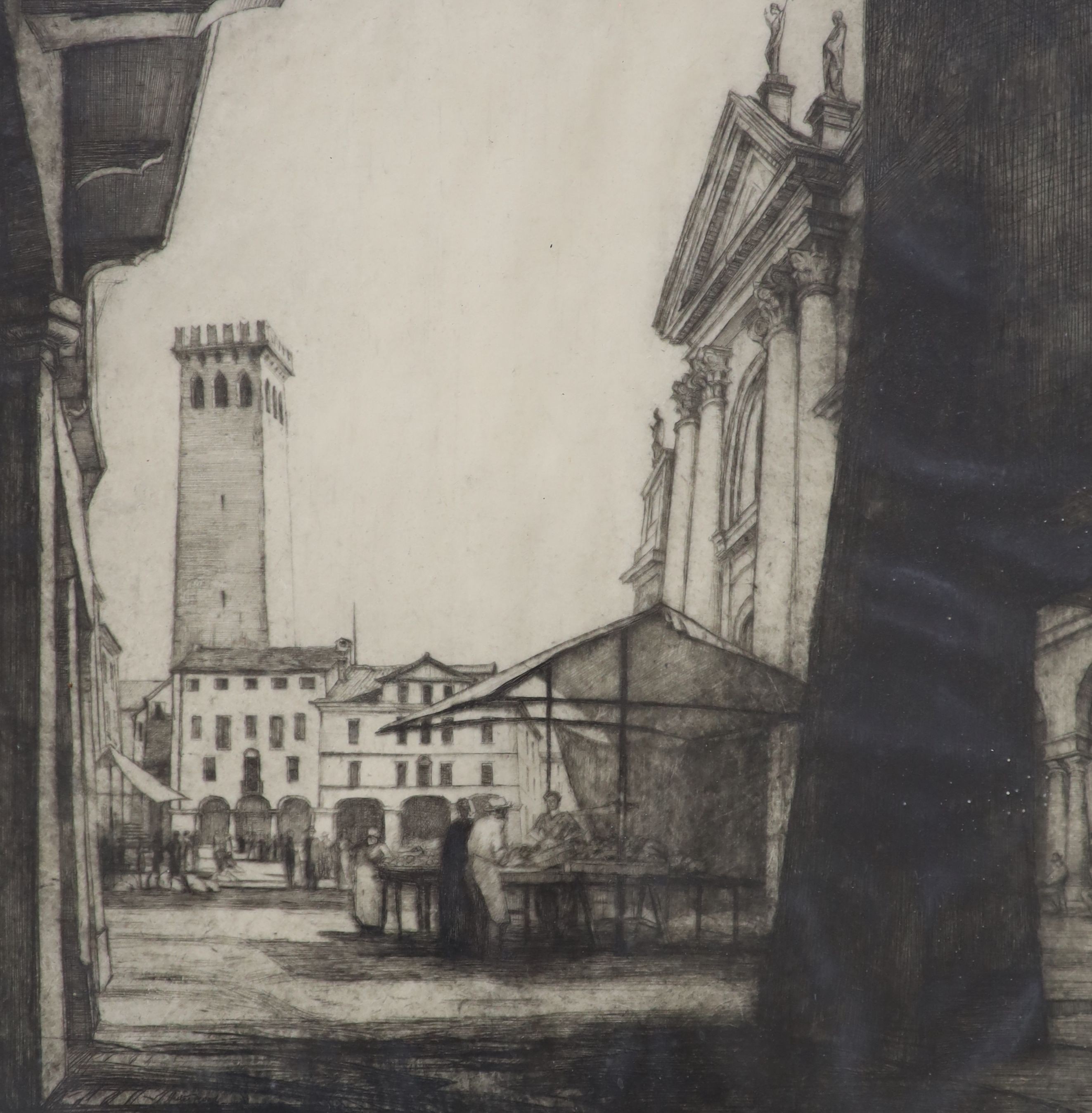 Hester Frood (1892-1971), etching, Market Place, Besano, signed in pencil, 25 x 25cm